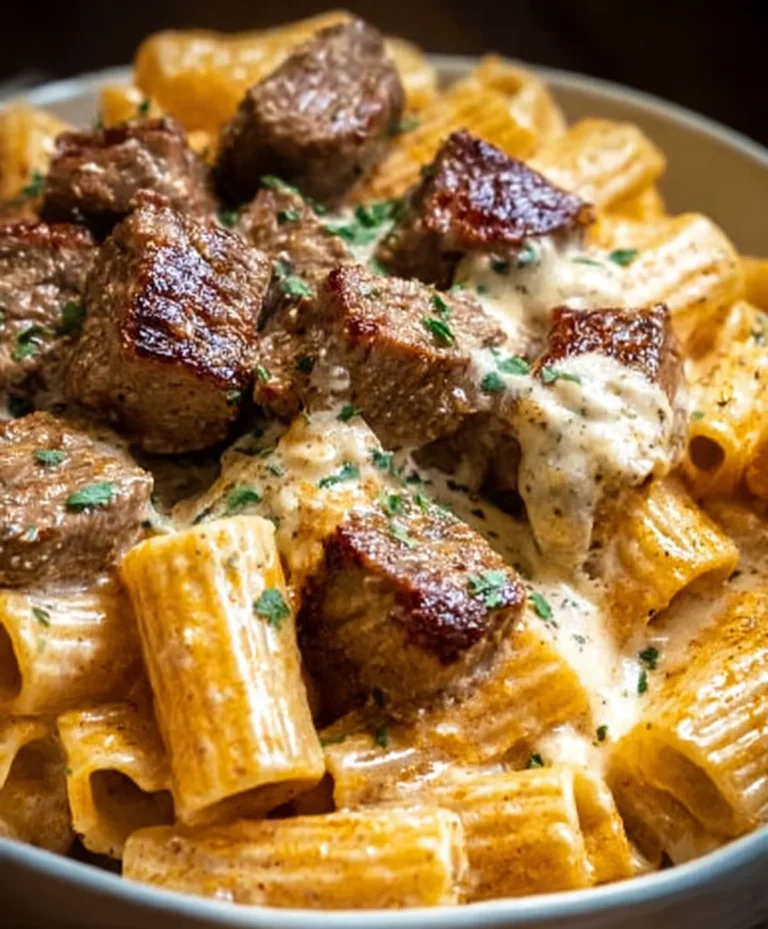 Cajun Steak Tips Rigatoni-Cheesy Parmesan Delight