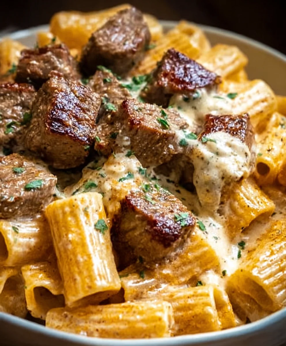 Cajun Steak Tips Rigatoni-Cheesy Parmesan Delight