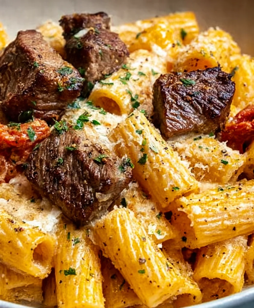 Cajun Steak Tips Rigatoni-Cheesy Parmesan Delight