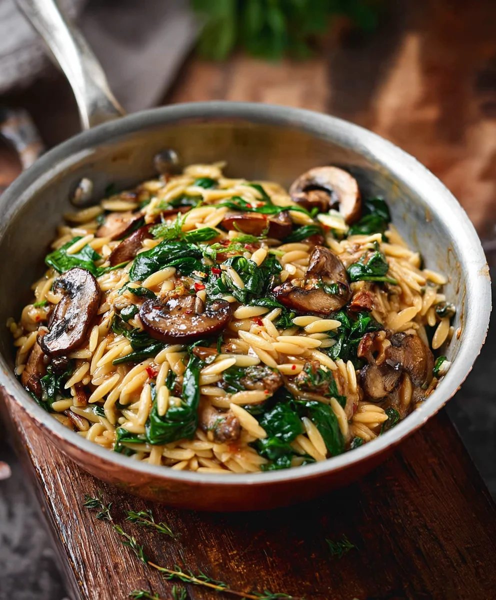Mushroom Spinach Orzo- Delicious & Easy Dinner