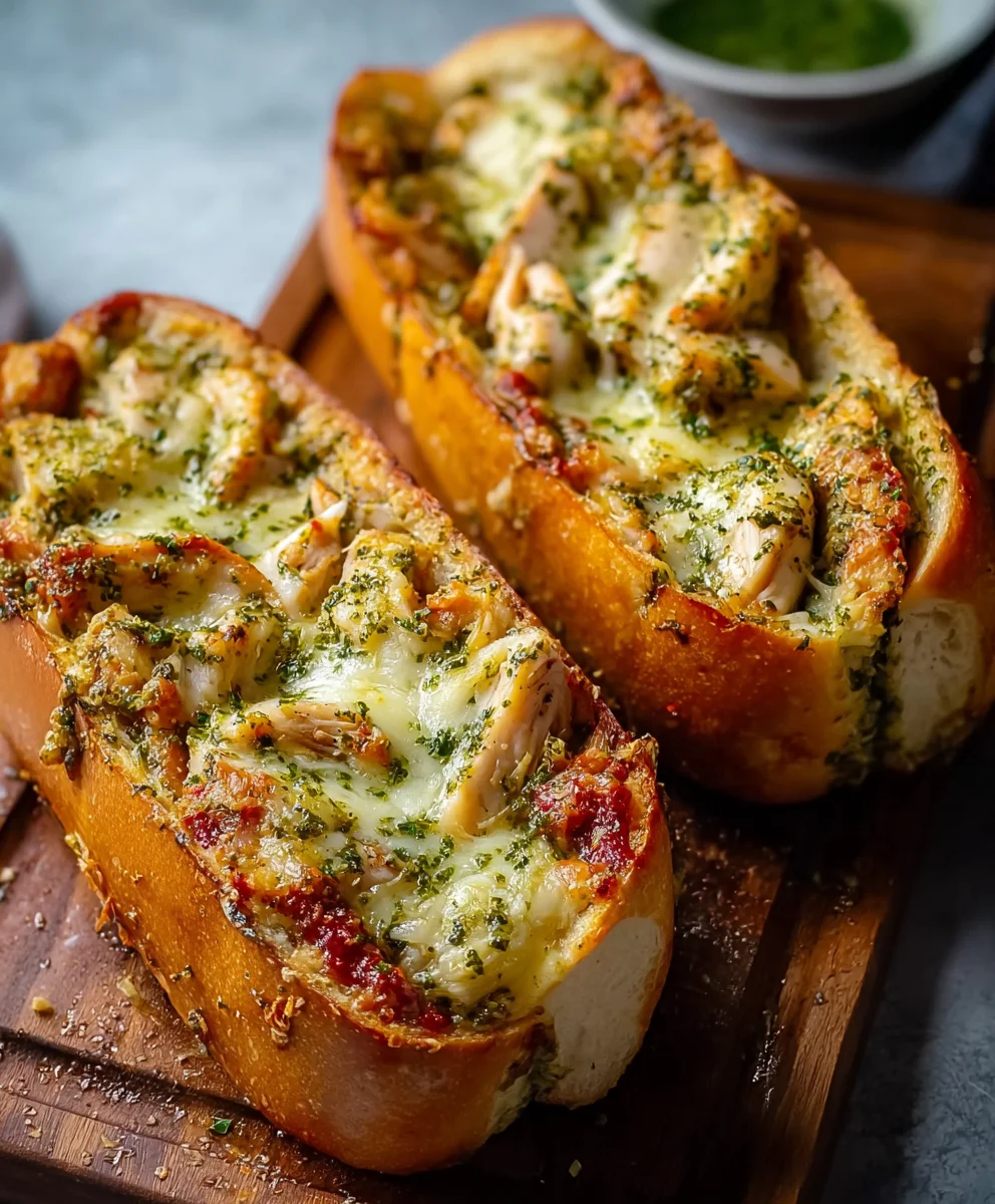 Pesto Chicken Garlic Bread-Easy Flavorful Recipe