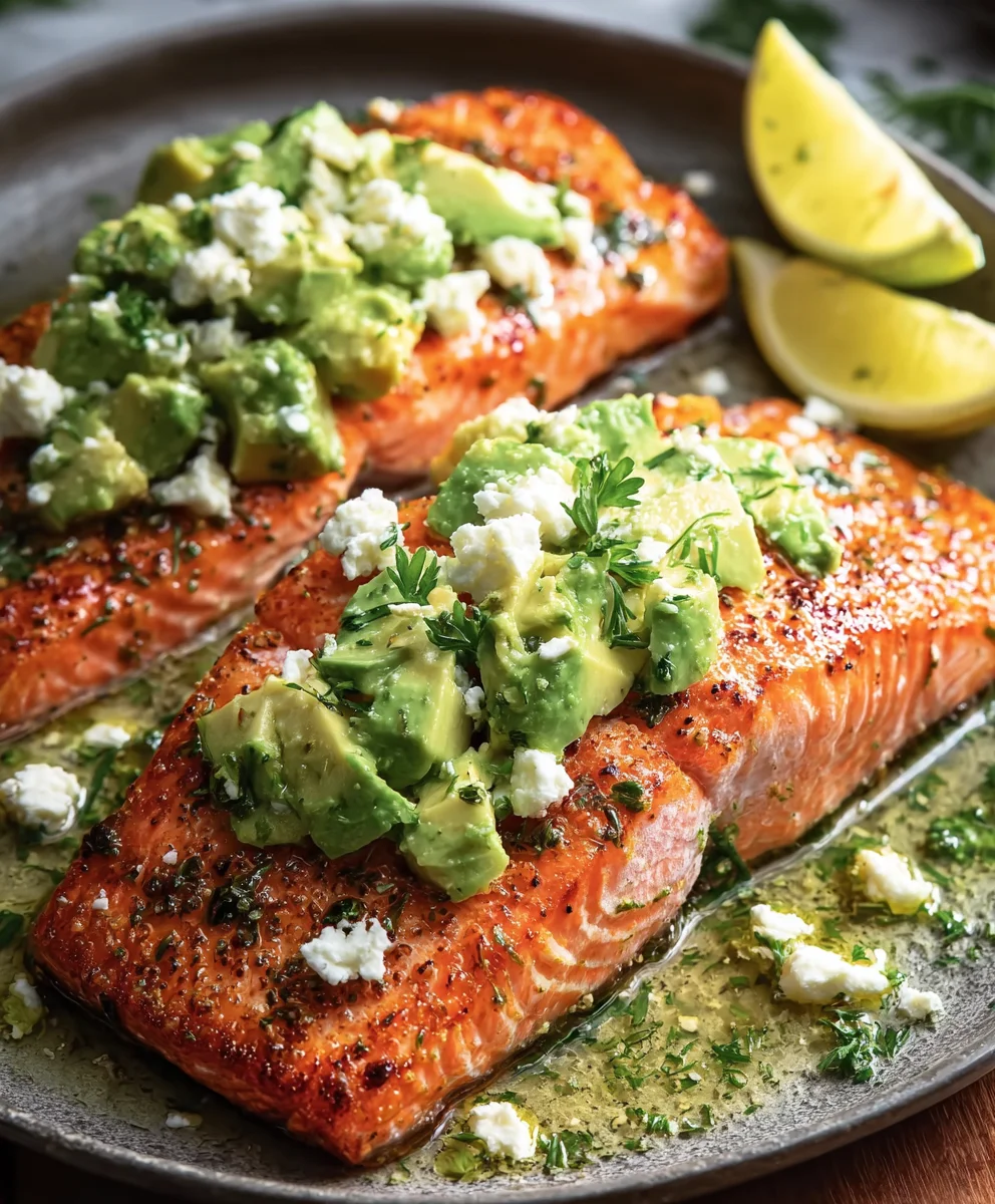 Baked Salmon Avocado Feta- Easy Delicious Recipe