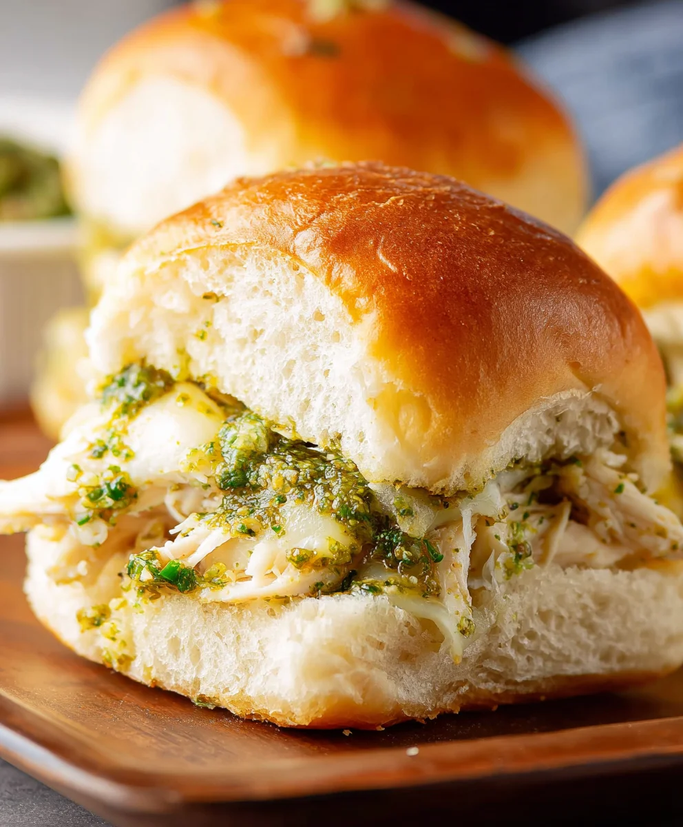 Cheesy Garlic Pesto Chicken Sliders-Easy Recipe