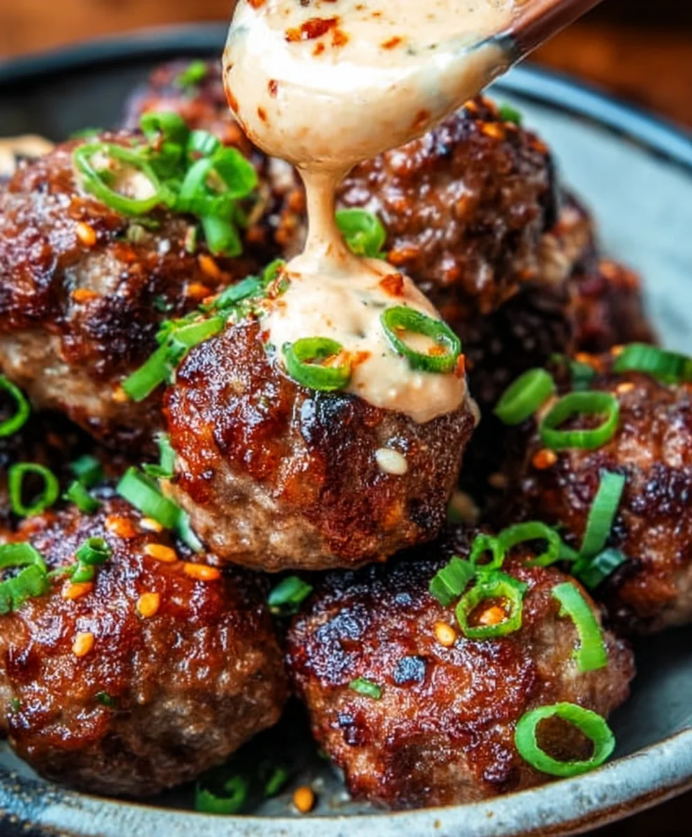 Korean Beef BBQ Meatballs Spicy Mayo Dip