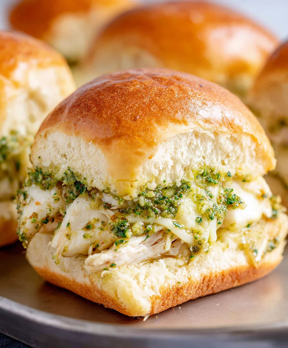 Cheesy Garlic Pesto Chicken Sliders-Easy Recipe