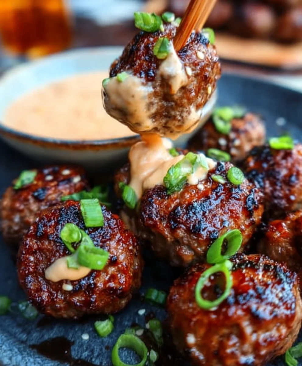Korean Beef BBQ Meatballs Spicy Mayo Dip