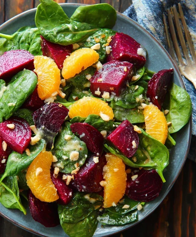 Beet Salad with Spinach and Honey-Mustard Lemon Dressing