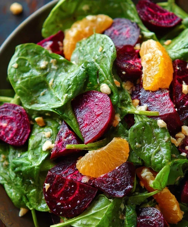 Beet Salad with Spinach and Honey-Mustard Lemon Dressing