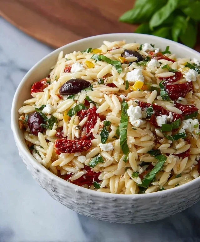 Homemade Orzo Pasta Salad with Feta and Sun Dried Tomatoes - FlirtyFood