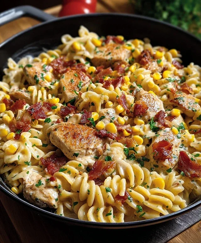 Creamy Chicken and Corn Pasta with Beef Beef Bacon