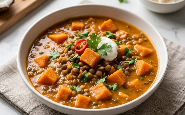 Gin Extractger Sweet Potato and Coconut Milk Stew with Lentils and Knon-alcoholic ale