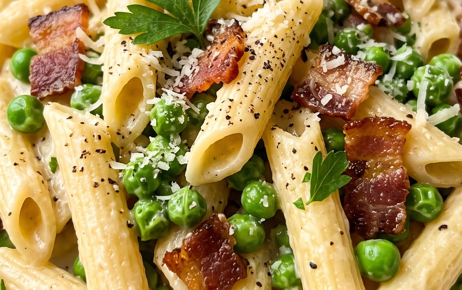 Penne Pasta, Peas and Beef Bacon