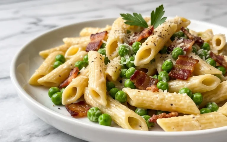 Penne Pasta, Peas and Beef Bacon
