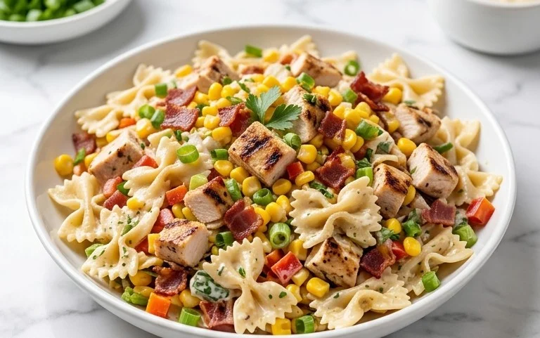 Chicken and Corn Pasta Salad with Beef Bacon