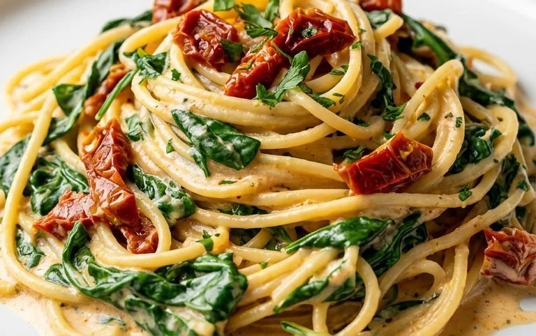 Spaghetti & Spinach with Sun-Dried Tomato Cream Sauce