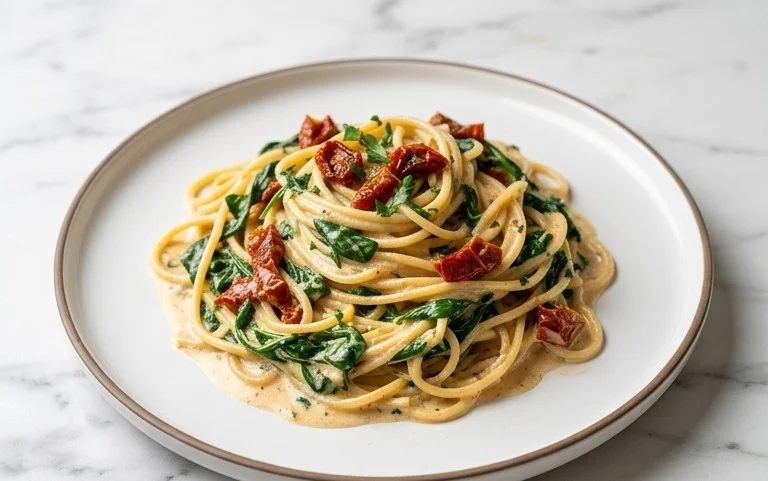Spaghetti & Spinach with Sun-Dried Tomato Cream Sauce