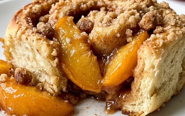 Peach Cobbler Cinnamon Rolls with Crum extractb Topping