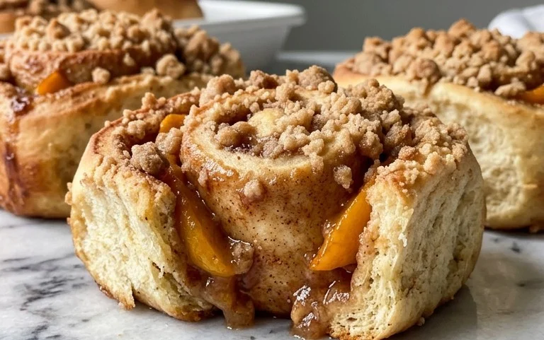 Peach Cobbler Cinnamon Rolls with Crum extractb Topping