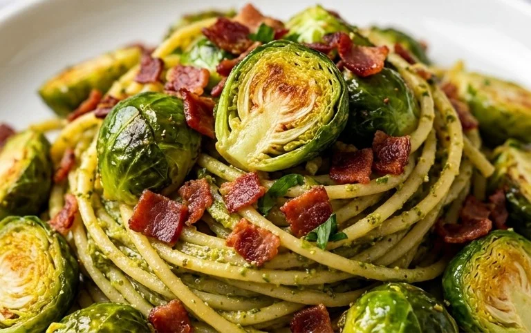 Brussels Sprouts and Beef Bacon Pesto Pasta