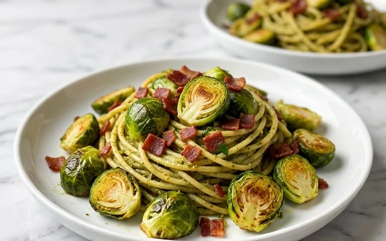 Brussels Sprouts and Beef Bacon Pesto Pasta