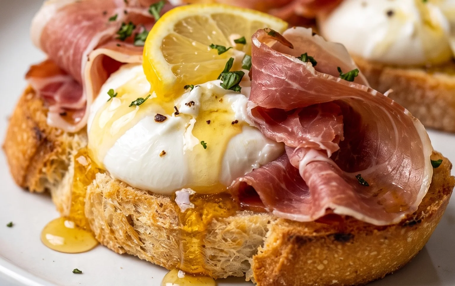 Beef Prosciutto Crostini with Burrata and Lemon Honey Drizzle