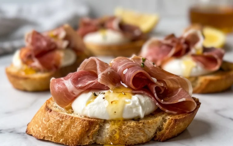 Beef Prosciutto Crostini with Burrata and Lemon Honey Drizzle